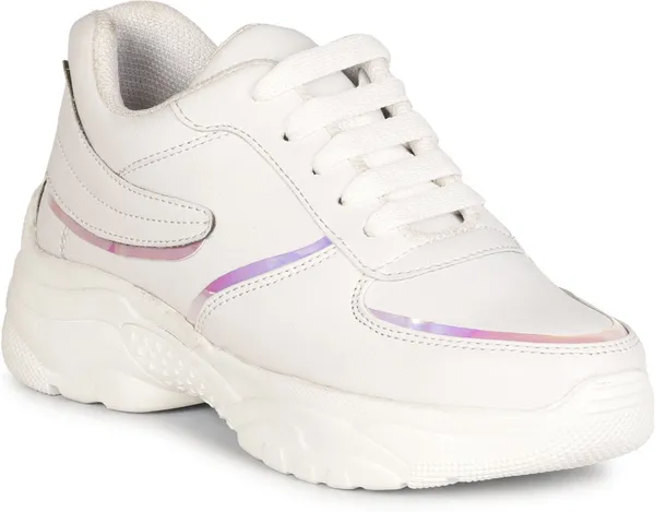 White_Synthetic_Leather_Casual_Lace_Up_Sneakers_For_Women