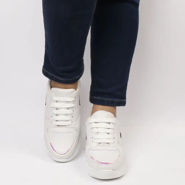 White_Synthetic_Leather_Casual_Lace_Up_Sneakers_For_Women