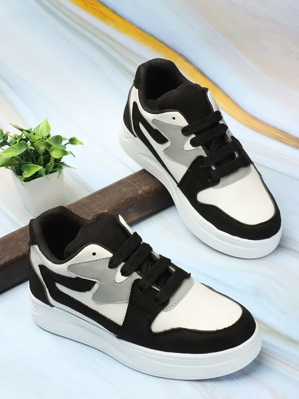 Black_Synthetic_Leather_Casual_Lace_Up_Sneakers_For_Women
