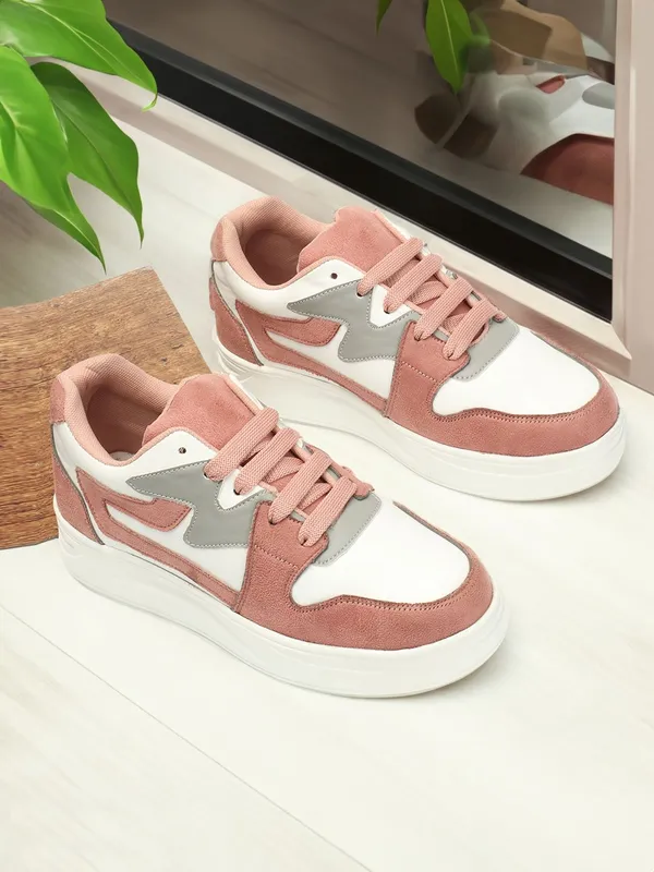Peach_Synthetic_Leather_Casual_Lace_Up_Sneakers_For_Women