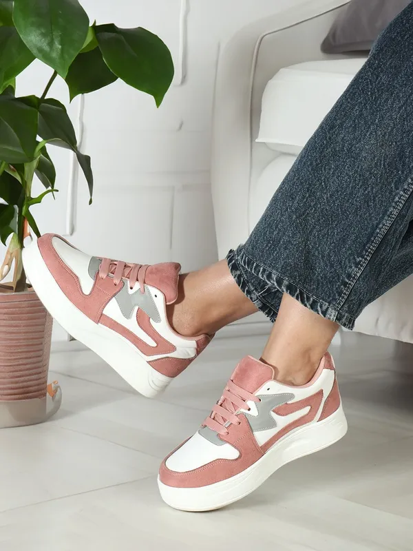 Peach_Synthetic_Leather_Casual_Lace_Up_Sneakers_For_Women