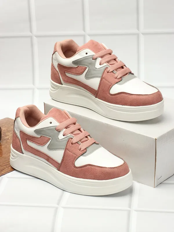 Peach_Synthetic_Leather_Casual_Lace_Up_Sneakers_For_Women