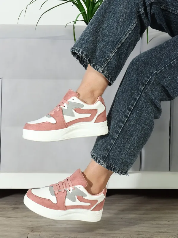 Peach_Synthetic_Leather_Casual_Lace_Up_Sneakers_For_Women