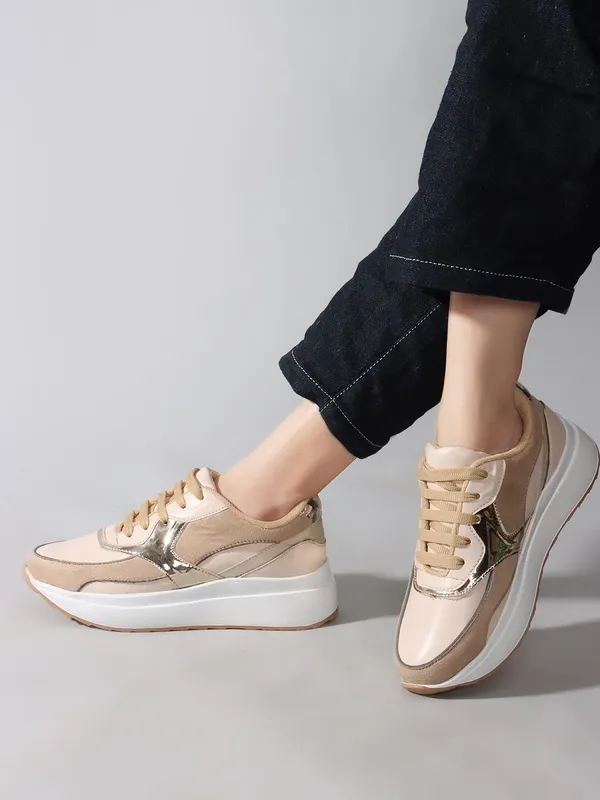 Beige_Synthetic_Leather_Casual_Lace_Up_Sneakers_For_Women