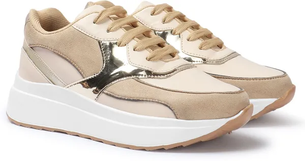 Beige_Synthetic_Leather_Casual_Lace_Up_Sneakers_For_Women