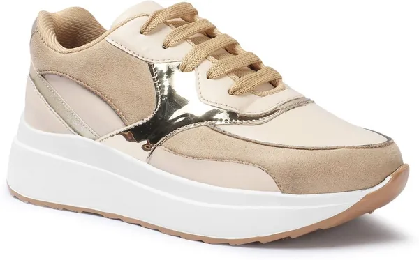 Beige_Synthetic_Leather_Casual_Lace_Up_Sneakers_For_Women