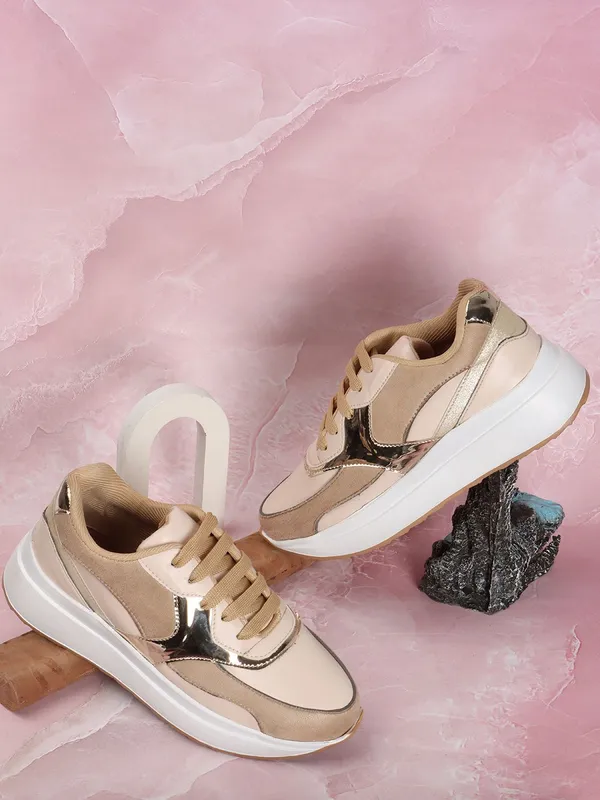 Beige_Synthetic_Leather_Casual_Lace_Up_Sneakers_For_Women