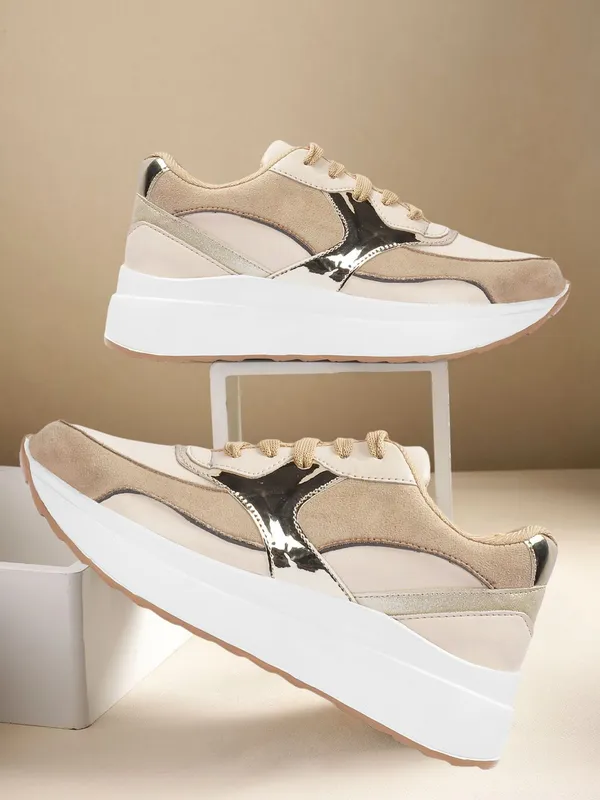 Beige_Synthetic_Leather_Casual_Lace_Up_Sneakers_For_Women