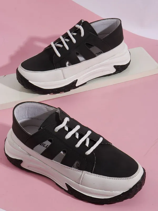 Black_Synthetic_Leather_Sneakers_For_Women
