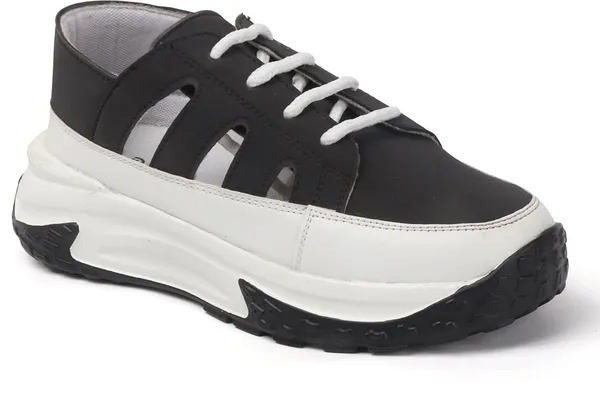 Black_Synthetic_Leather_Casual_Lace_Up_Sneakers_For_Women