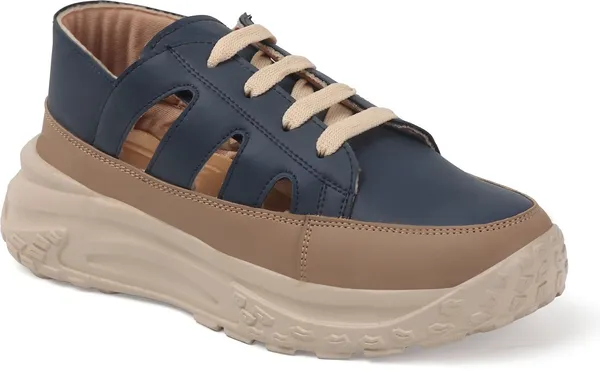 Blue_Synthetic_Leather_Casual_Lace_Up_Sneakers_For_Women