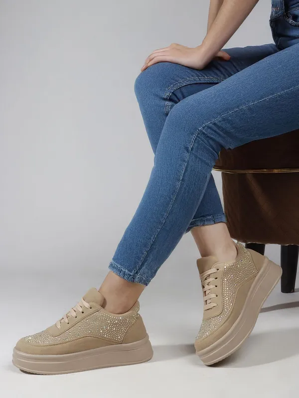 Beige_Synthetic_Leather_Casual_Lace_Up_Sneakers_For_Women