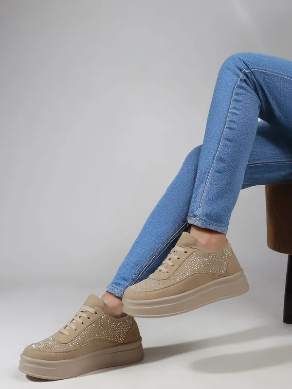 Beige_Synthetic_Leather_Casual_Lace_Up_Sneakers_For_Women