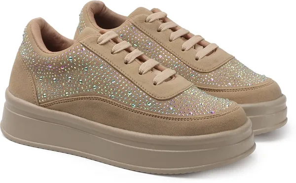 Beige_Synthetic_Leather_Casual_Lace_Up_Sneakers_For_Women