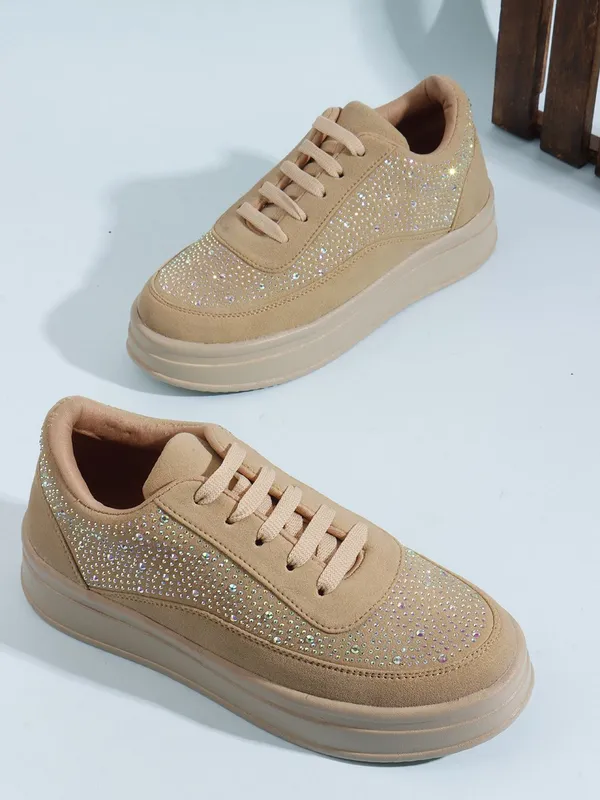 Beige_Synthetic_Leather_Casual_Lace_Up_Sneakers_For_Women