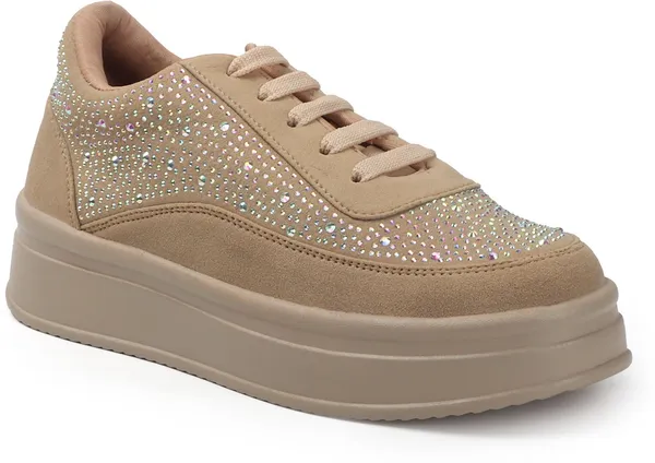 Beige_Synthetic_Leather_Casual_Lace_Up_Sneakers_For_Women