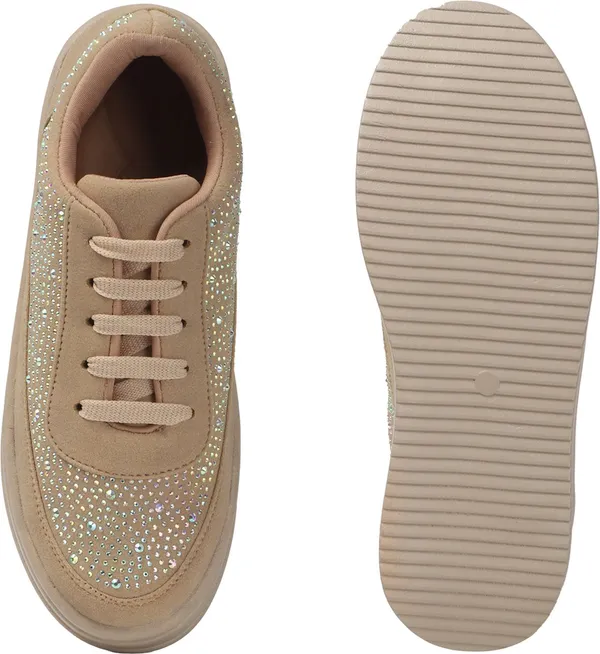 Beige_Synthetic_Leather_Casual_Lace_Up_Sneakers_For_Women
