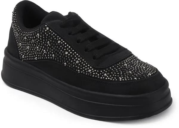 Black_Synthetic_Leather_Casual_Lace_Up_Sneakers_For_Women