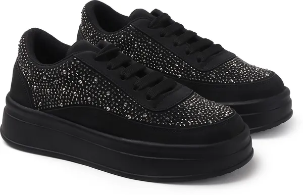 Black_Synthetic_Leather_Casual_Lace_Up_Sneakers_For_Women