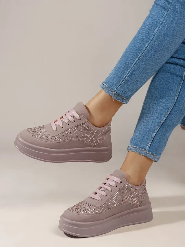 Pink_Synthetic_Leather_Sneakers_For_Women