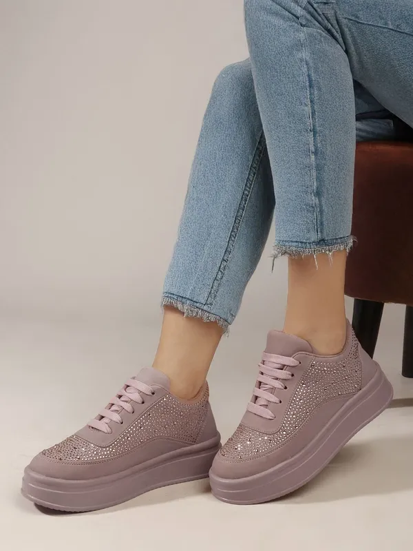 Pink_Synthetic_Leather_Sneakers_For_Women