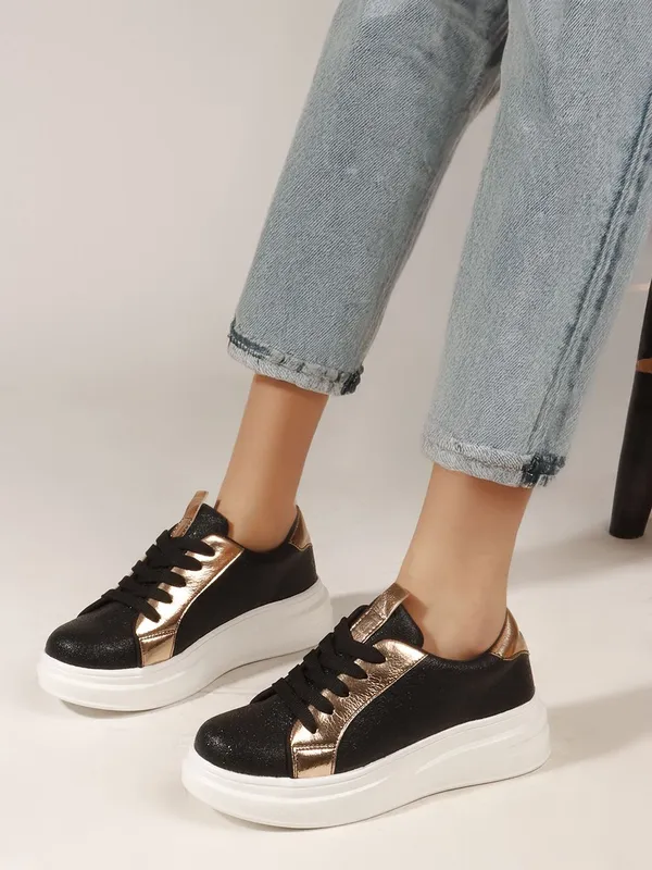 Black_Synthetic_Leather_Casual_Lace_Up_Sneakers_For_Women