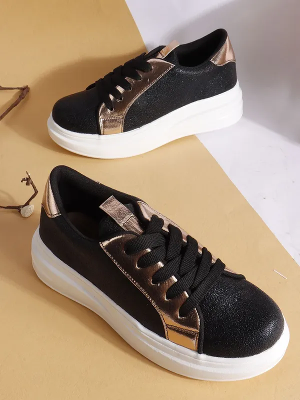 Black_Synthetic_Leather_Casual_Lace_Up_Sneakers_For_Women