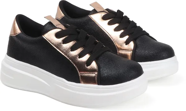 Black_Synthetic_Leather_Casual_Lace_Up_Sneakers_For_Women