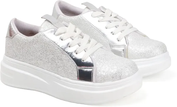 White_Synthetic_Leather_Casual_Lace_Up_Sneakers_For_Women