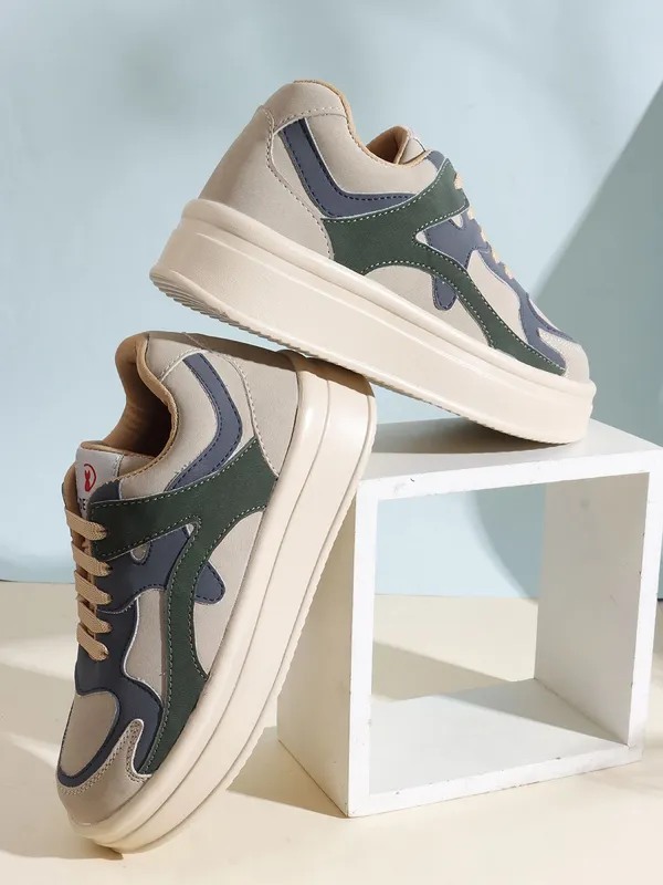 Beige_Synthetic_Leather_Sneakers_For_Women