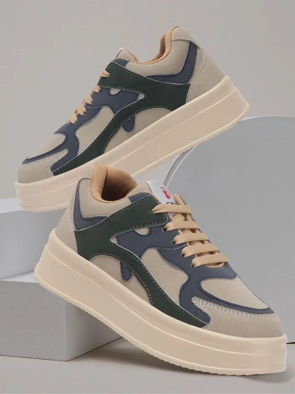 Beige_Synthetic_Leather_Sneakers_For_Women