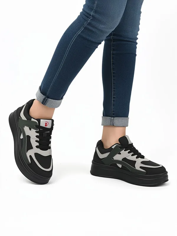 Black_Synthetic_Leather_Casual_Lace_Up_Sneakers_For_Women