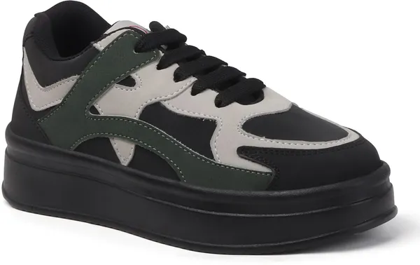 Black_Synthetic_Leather_Casual_Lace_Up_Sneakers_For_Women
