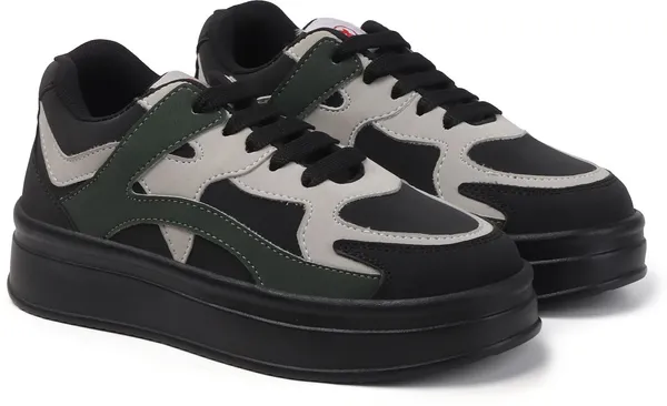 Black_Synthetic_Leather_Casual_Lace_Up_Sneakers_For_Women
