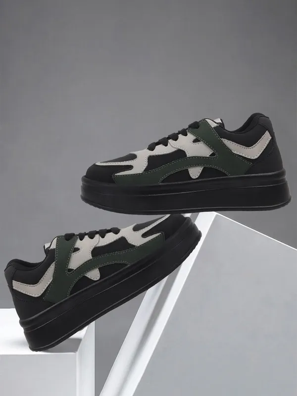 Black_Synthetic_Leather_Casual_Lace_Up_Sneakers_For_Women