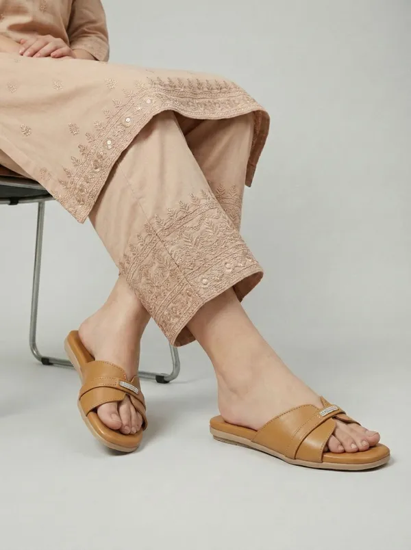 Camel_Synthetic_Leather_Flats_For_Women
