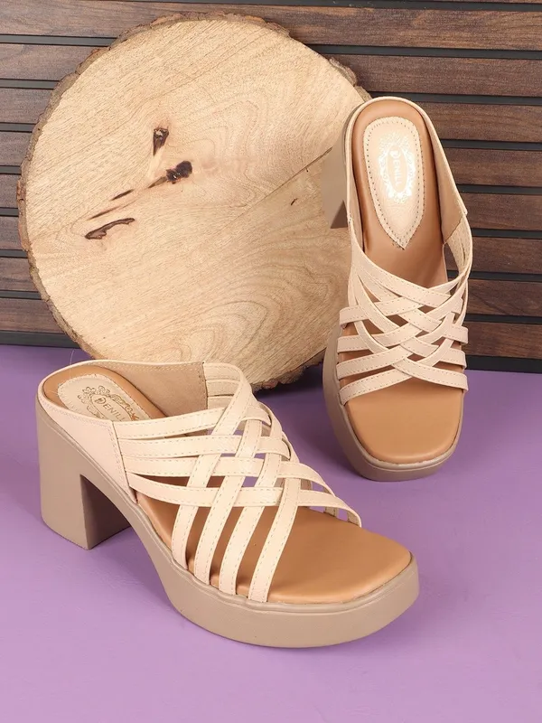 Cream_Synthetic_Leather_Heels_For_Women