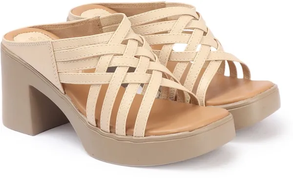 Cream_Synthetic_Leather_Heels_For_Women