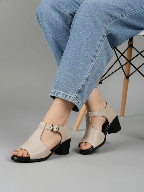 Cream_Synthetic_Leather_Heels_For_Women