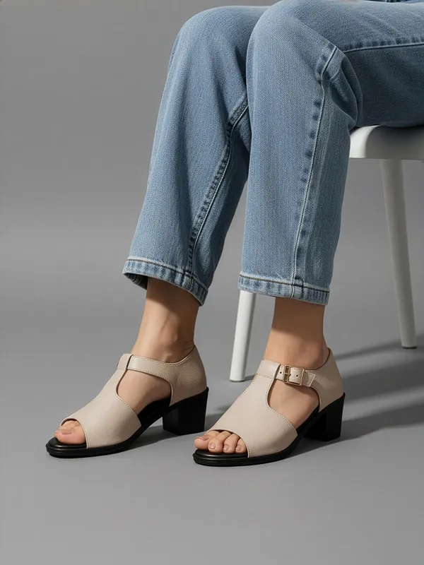 Cream_Synthetic_Leather_Heels_For_Women