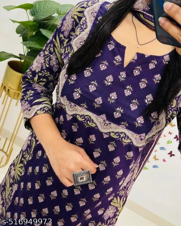Purple_Premium_Cotton_Handcrafted_Adda_Anchor_Patra_Work_On_Yoke_A_Line_Kurta_Pant_And_Dupatta_For_Women_And_Girls