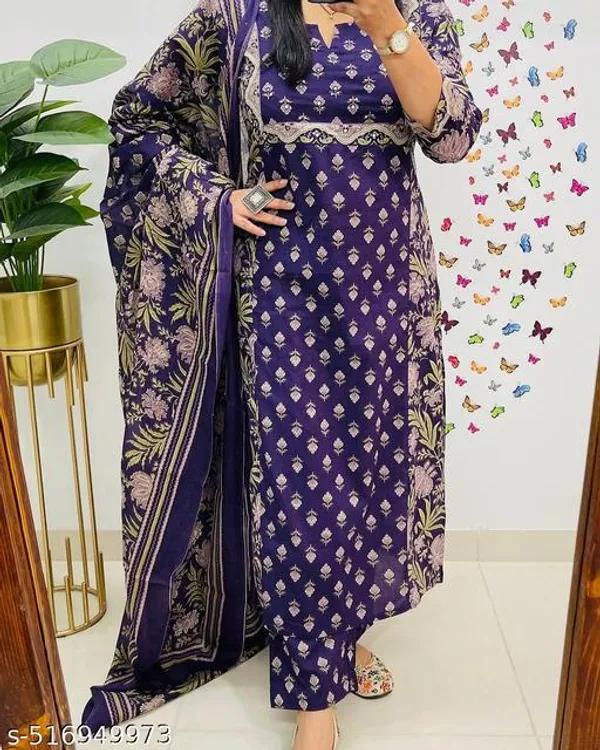 Purple_Premium_Cotton_Handcrafted_Adda_Anchor_Patra_Work_On_Yoke_A_Line_Kurta_Pant_And_Dupatta_For_Women_And_Girls