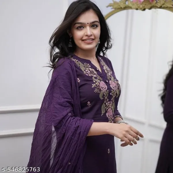 Purple_Premium_Cotton_Beautiful_Embroidery_Side_Baju_A_Line_Kurta_Pant_And_Dupatta_For_Women_And_Girls