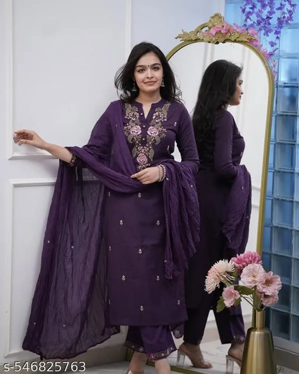 Purple_Premium_Cotton_Beautiful_Embroidery_Side_Baju_A_Line_Kurta_Pant_And_Dupatta_For_Women_And_Girls