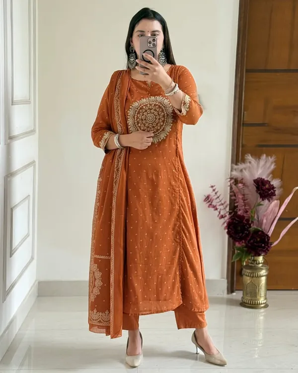 Orange_Cotton_Floral_Printed_Embroidered_Kurta_Pant_And_Dupatta_For_Women_And_Girls