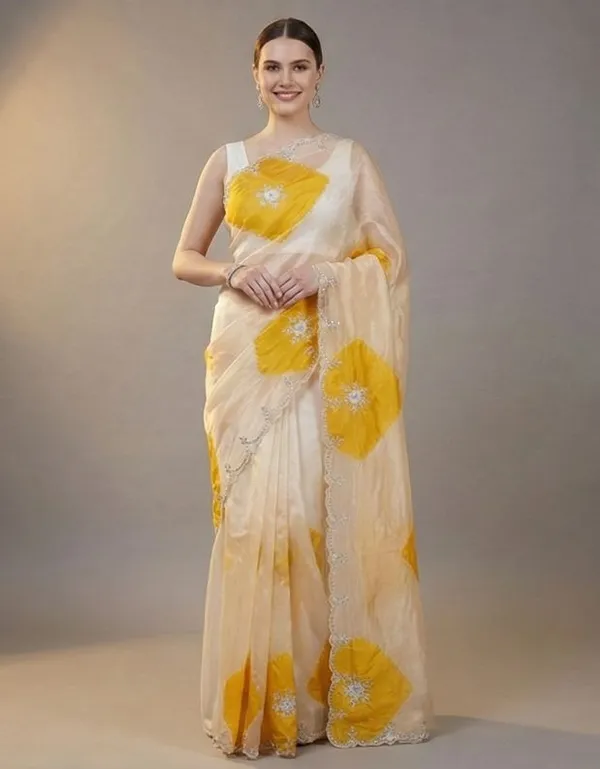 Yellow_Organza_Leaf_Print_Saree_For_Women_And_Girls