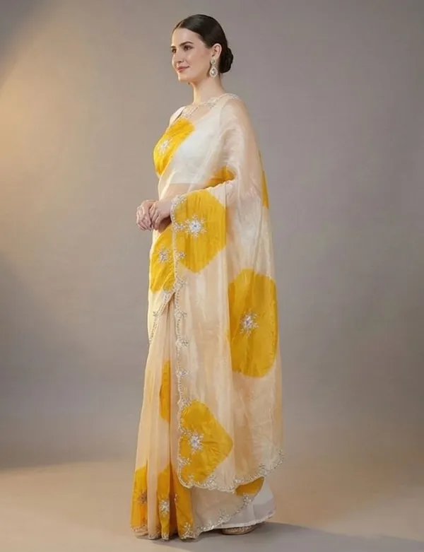 Yellow_Organza_Leaf_Print_Saree_For_Women_And_Girls