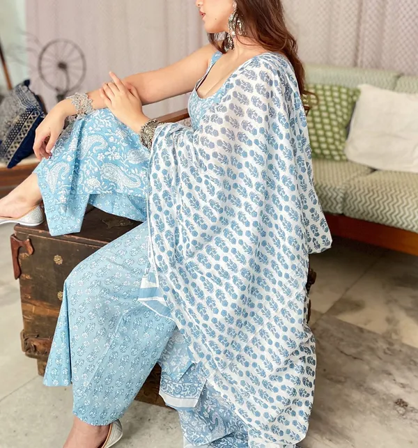 Blue_Rayon_Sleeveless_Kurta_Pant_And_Dupatta_For_Women_And_Girls