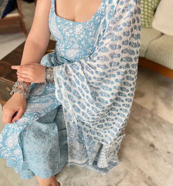 Blue_Rayon_Sleeveless_Kurta_Pant_And_Dupatta_For_Women_And_Girls