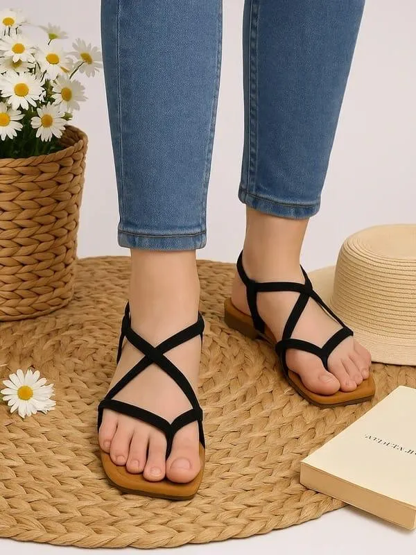 Black_Artificial_Leather_Flat_Sandal_For_Women_And_Girls